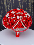 Red with pearl quinceanera bouquet 9 inches
