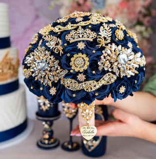 Navy blue with gold quinceanera bouquet 13 inches