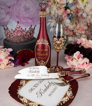 Burgundy quinceanera brindis package with bottle and candle