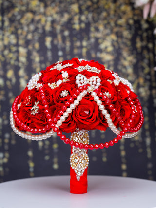 Red with pearl quinceanera bouquet 9 inches