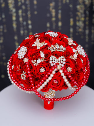 Red with pearl quinceanera bouquet 13 inches