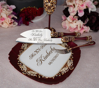 Burgundy quinceanera cake knife set with plate and fork