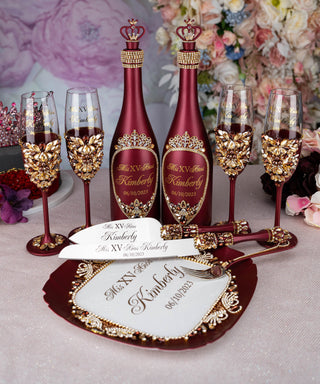 Burgundy quinceanera cake knife set with 1 glass