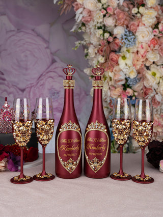 Burgundy quinceanera bottle with 1 glass