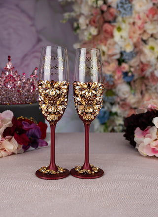 Burgundy quinceanera bottle with 4 glasses