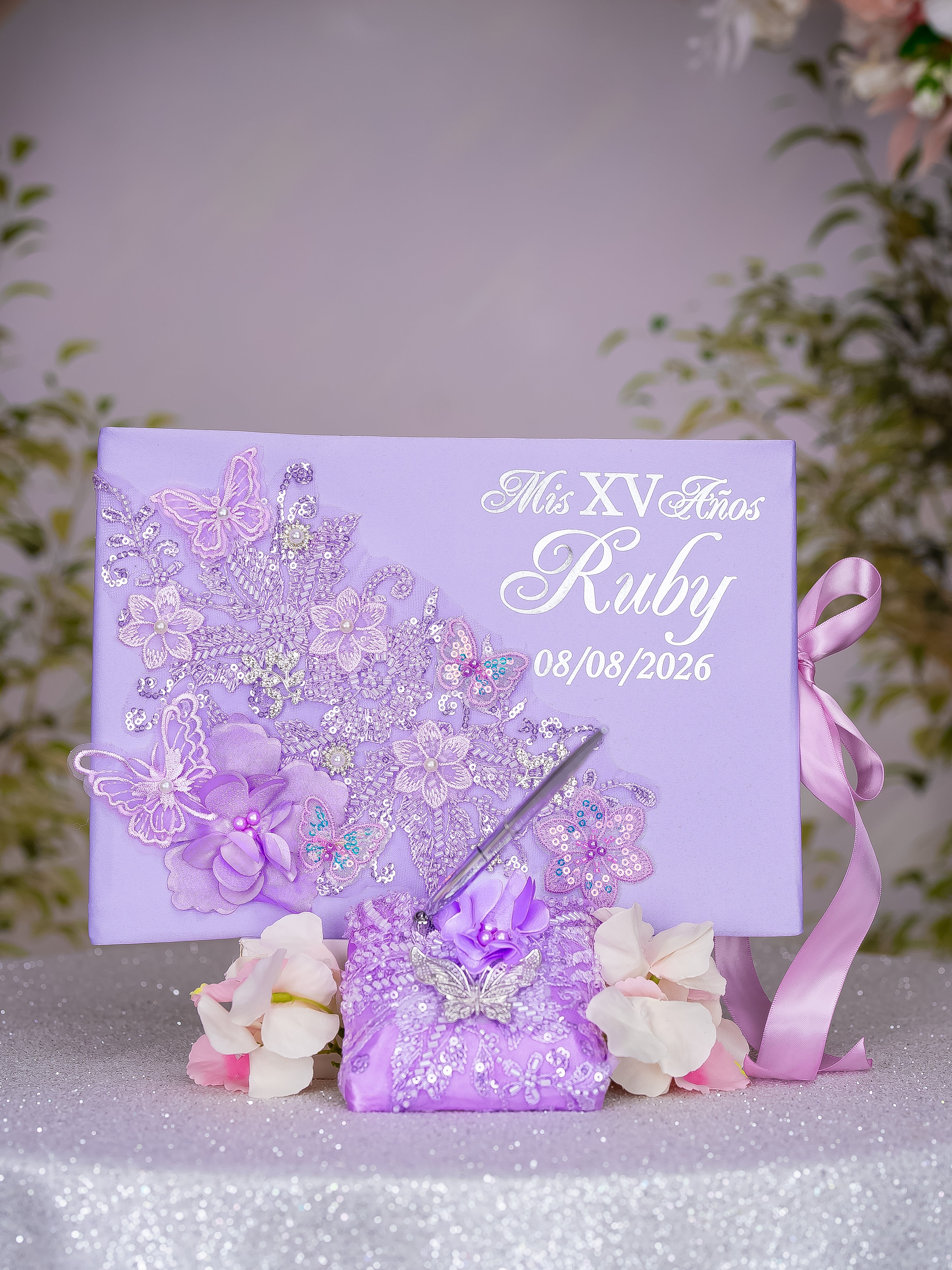 Lilac Quinceanera Guest Book With Pen Elegant Design / quinceanera