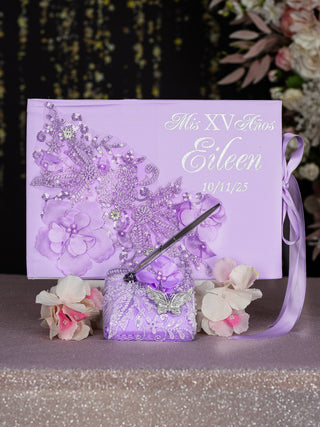 Lilac Quinceanera guest book with pen