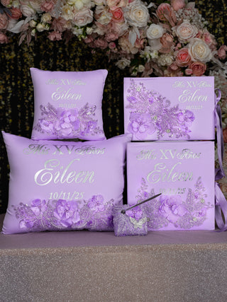 Lilac pillows set, guest book with album de fotos