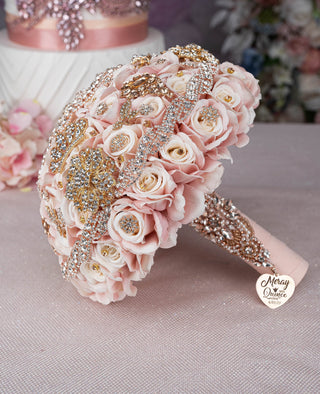 Rose Gold with Gold Brooches quinceanera bouquet 9 inches