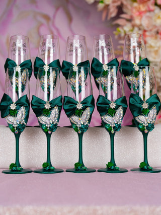 Green silver with butterflies 1 quinceanera champagne glass