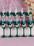Green silver with butterfly 4 quinceanera champagne glasses