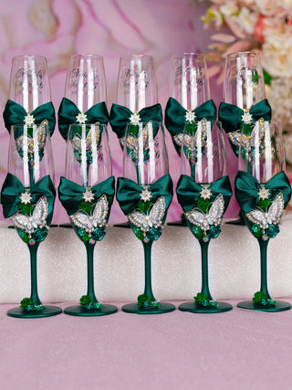 Green silver with butterfly 4 quinceanera champagne glasses