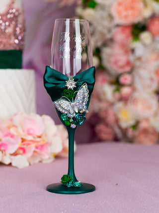 Green silver with butterflies Quinceanera Bottle with 4 Glasses
