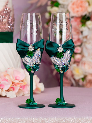 Green silver with butterflies Quinceanera cake knife set with 1 glass