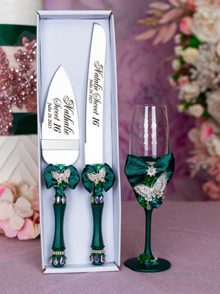 Green silver with butterflies Quinceanera cake knife set with 1 glass