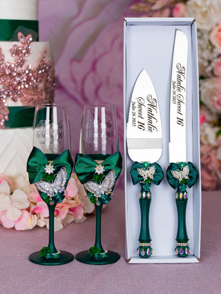 Green silver with butterfly 4 quinceanera champagne glasses