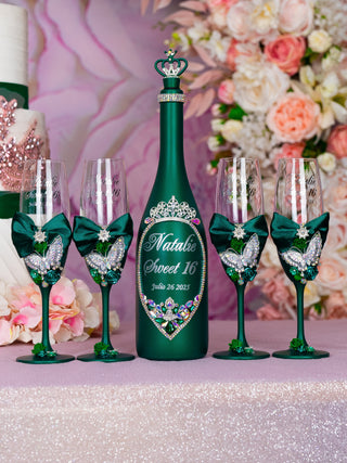 Green silver with butterflies 2 quinceanera champagne glasses