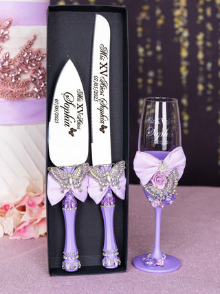 Lilac with Butterfly 2 quinceanera champagne glasses