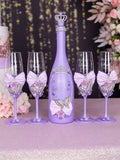 Lilac with Butterfly quinceanera cake knife set with 1 glass and bottle