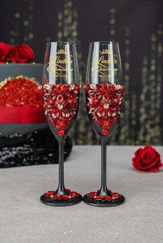 Black with Red 4 quinceanera champagne glasses