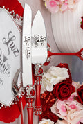 Red with silver quinceanera cake knife and server