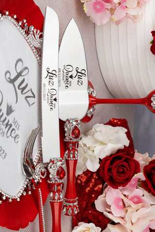 Red with silver quinceanera cake knife and server