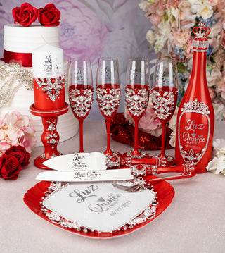 Red Silver 4 quinceanera champagne glasses