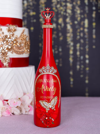 Red with gold butterfly quinceanera bottle