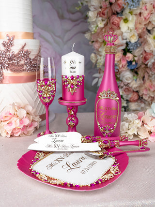 Fuchsia quinceanera brindis package with bottle and candle