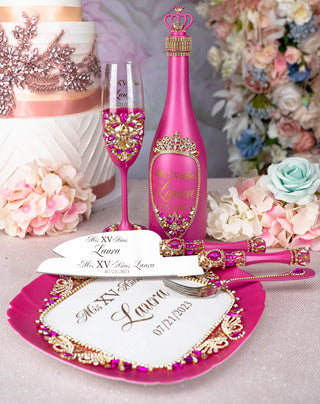 Fuchsia quinceanera brindis package with bottle and candle