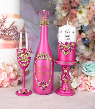 Fuchsia quinceanera brindis package with bottle and candle