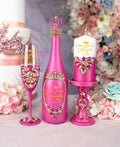 Fuchsia quinceanera package of bottle, glass and candle Kitty design