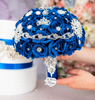 Royal blue silver quinceanera bouquet 13 inches