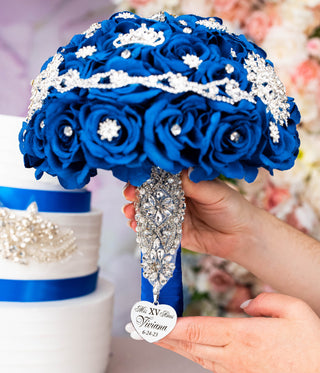 Royal blue silver quinceanera bouquet 9 inches