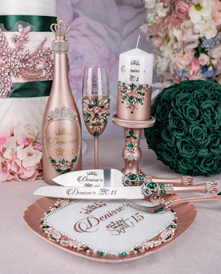 Rose Gold with Green Quinceanera brindis package with bottle and candle