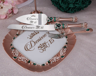 Rose Gold with Green Quinceanera brindis package with bottle and candle