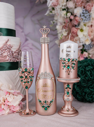 Rose Gold with Green Quinceanera brindis package with bottle and candle