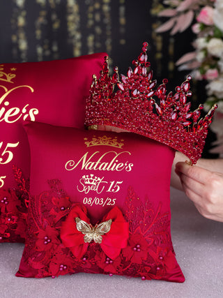 Wine Red with Butterfly quinceanera tiara pillow