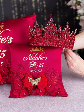 Wine Red quinceanera crown and tiara pillow
