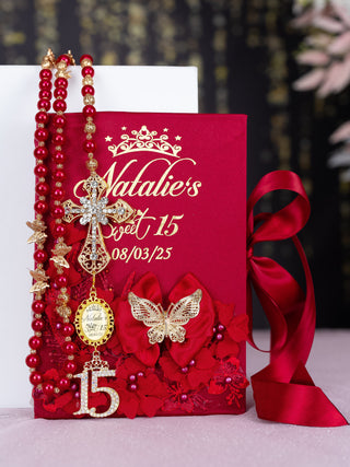 Wine Red with Butterfly Quinceanera Bible with Rosary (in spanish)