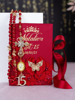 Wine Red with Butterfly Quinceanera Bible with Rosary (in spanish)