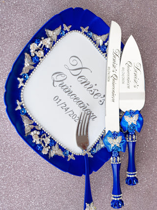 Royal blue with butterfly quinceanera cake knife set with plate and fork