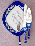Royal blue with butterfly quinceanera cake knife set with plate and fork
