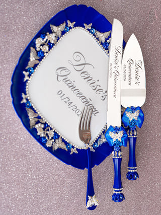Royal blue with butterfly quinceanera cake knife set with plate and fork