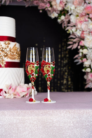 White and Red Charro Quinceanera 2 champagne glasses