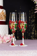 White and Red Charro Quinceanera 2 champagne glasses