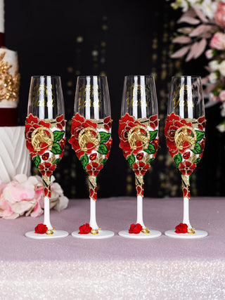 White and Red Charro Quinceanera bottle with 4 glasses