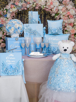 Light Blue Quinceanera package of pillows set, Bible and guest book
