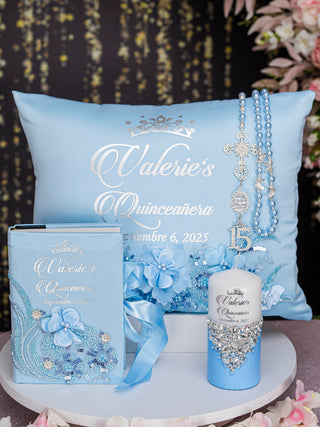 Light Blue Quinceanera package of pillows set, Bible and guest book