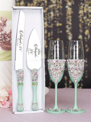 Sage Green Pink quinceanera cake knife and server